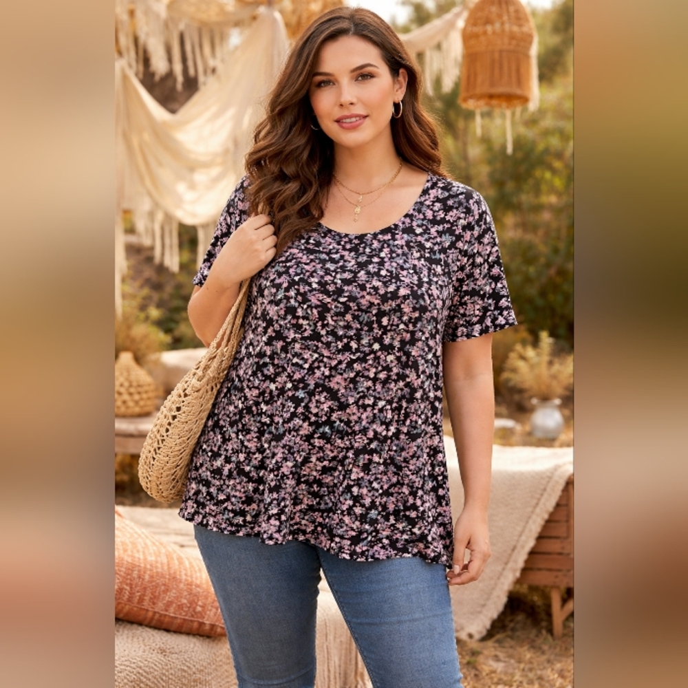 Penningtons Plus Size Floral Top Cotton Viscose Blend Scoop Neck Casual Boho